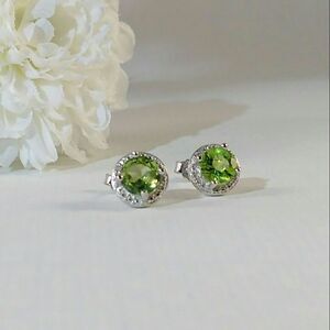 Peridot Earrings Halo 1.8 Carats tcw Diamond Accents Stud